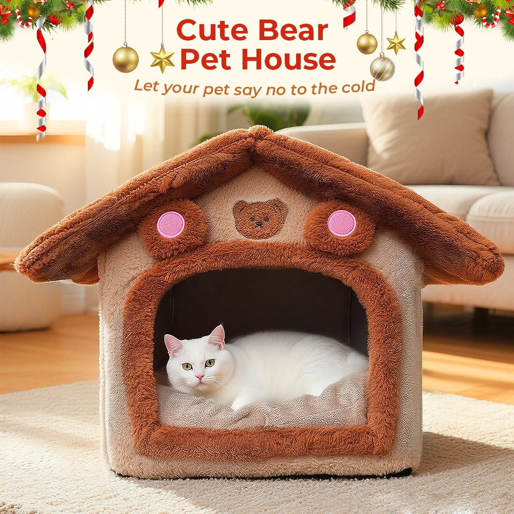 Maison pour chat améliorée, jolie maison pour animaux de compagnie ours brun, design pliable avec coussin amovible, lavable en machine, version renforcée extra large, confortable et chaude, semi-fermée pour chatons, acces
