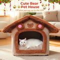 Maison pour chat améliorée, jolie maison pour animaux de compagnie ours brun, design pliable avec coussin amovible, lavable en machine, version renforcée extra large, confortable et chaude, semi-fermée pour chatons, acces