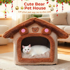 Maison pour chat améliorée, jolie maison pour animaux de compagnie ours brun, design pliable avec coussin amovible, lavable en machine, version renforcée extra large, confortable et chaude, semi-fermée pour chatons, acces