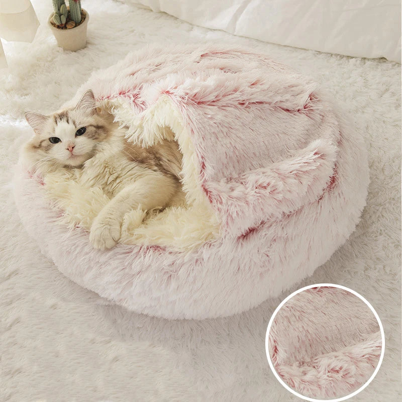 Coussin rond en peluche pour animaux de compagnie, panier chaud, sac de couchage, accent, chenil pour petit chien, maison pour chat, 2 en 1, hiver