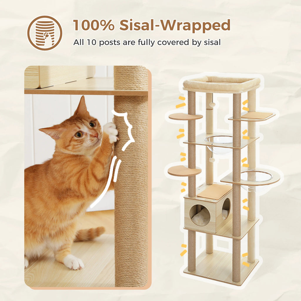 Arbre à chat en bois avec condo spacieux, hamac douillet, poteaux à gratter en sisal, tour à chat multi-niveaux haute pour grand chat d'intérieur