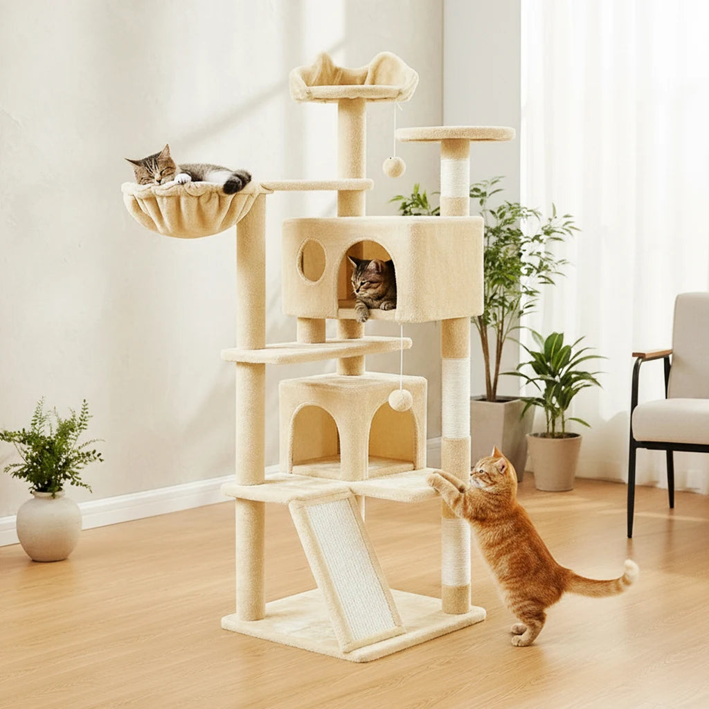 Grande maison pour chats et chatons, tour de jeu pour chats avec 2 poteaux à gratter, grande maison pour chats et chatons