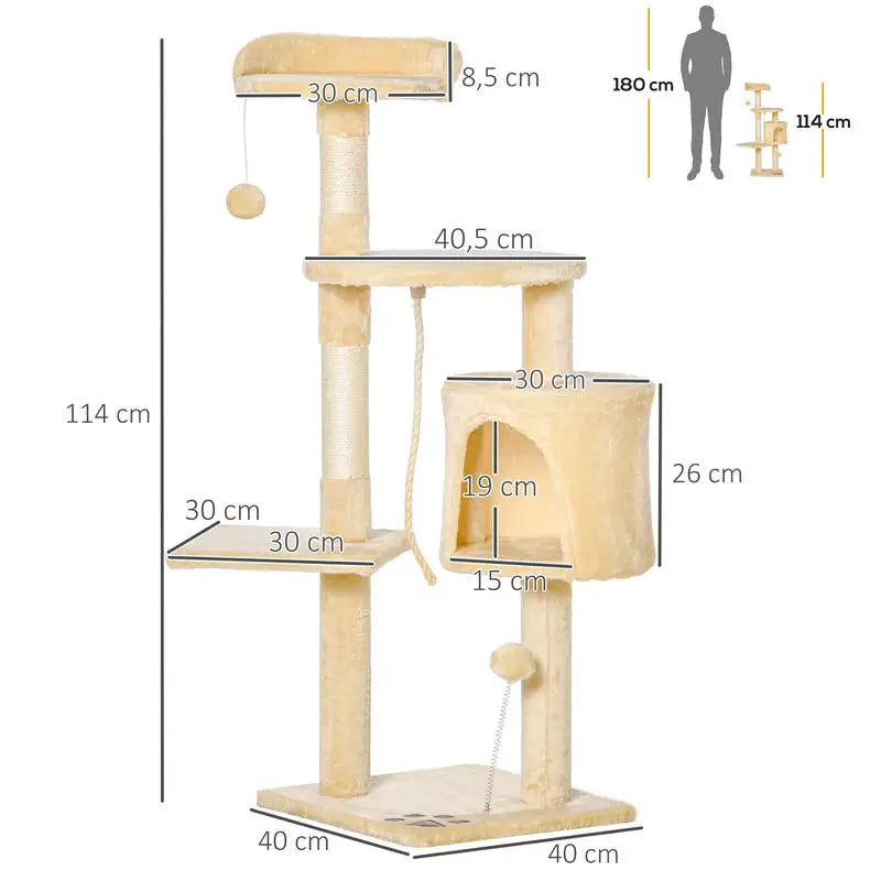 Arbre à chats multi-activités avec griffoirs, plateformes, niche, corde et jouets 40L x 40L x 114H cm beige
