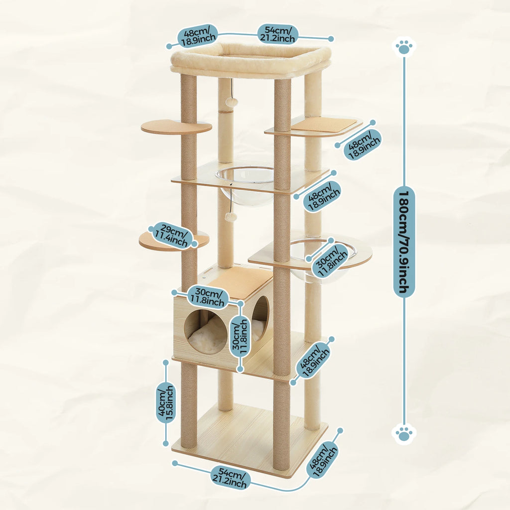 Arbre à chat en bois avec condo spacieux, hamac douillet, poteaux à gratter en sisal, tour à chat multi-niveaux haute pour grand chat d'intérieur