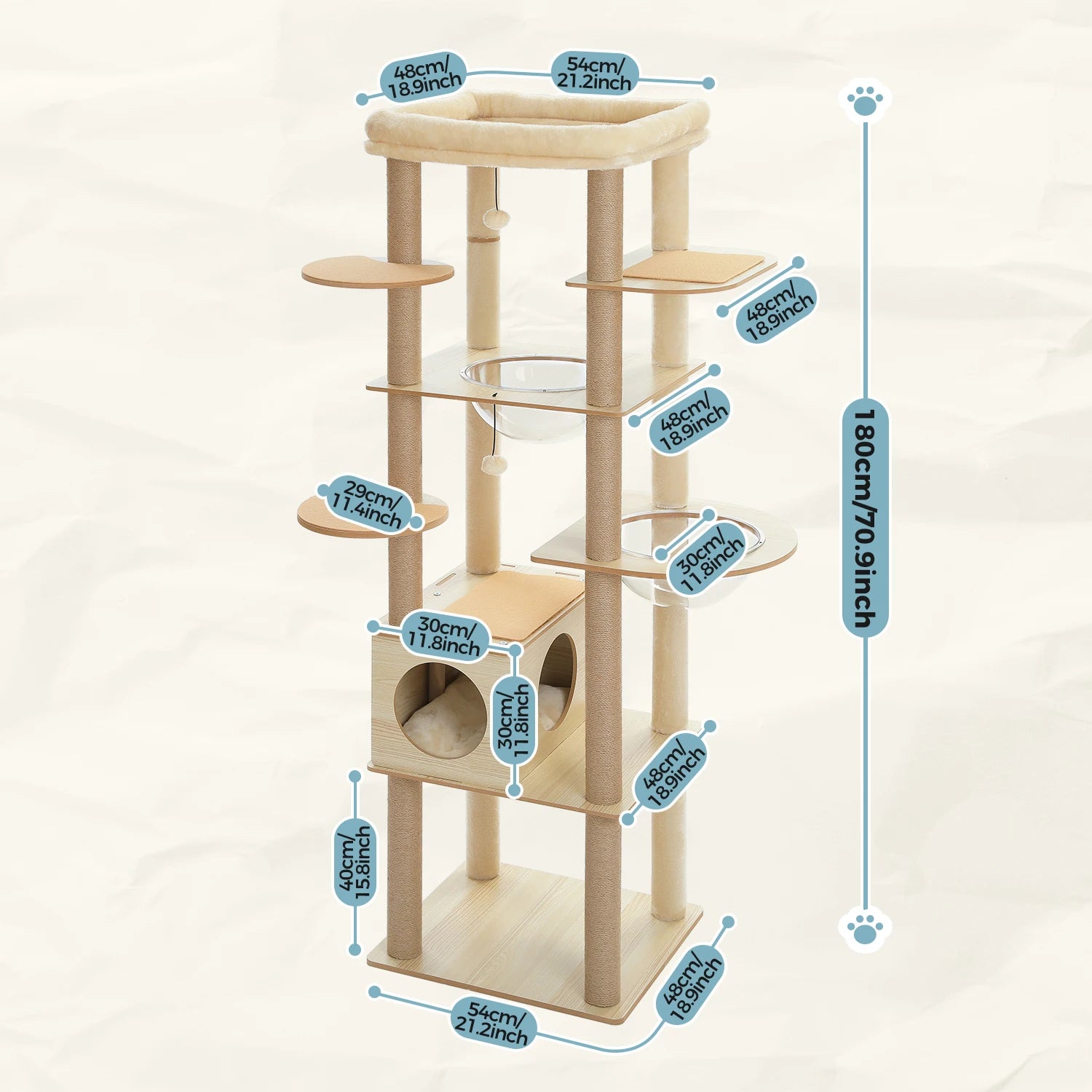 Arbre à chat en bois avec condo spacieux, hamac douillet, poteaux à gratter en sisal, tour à chat multi-niveaux haute pour grand chat d'intérieur