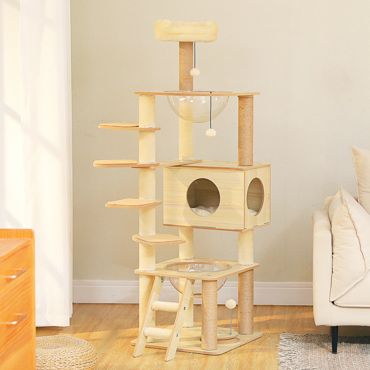 Arbre à chat en bois avec condo spacieux, hamac douillet, poteaux à gratter en sisal, tour à chat multi-niveaux haute pour grand chat d'intérieur