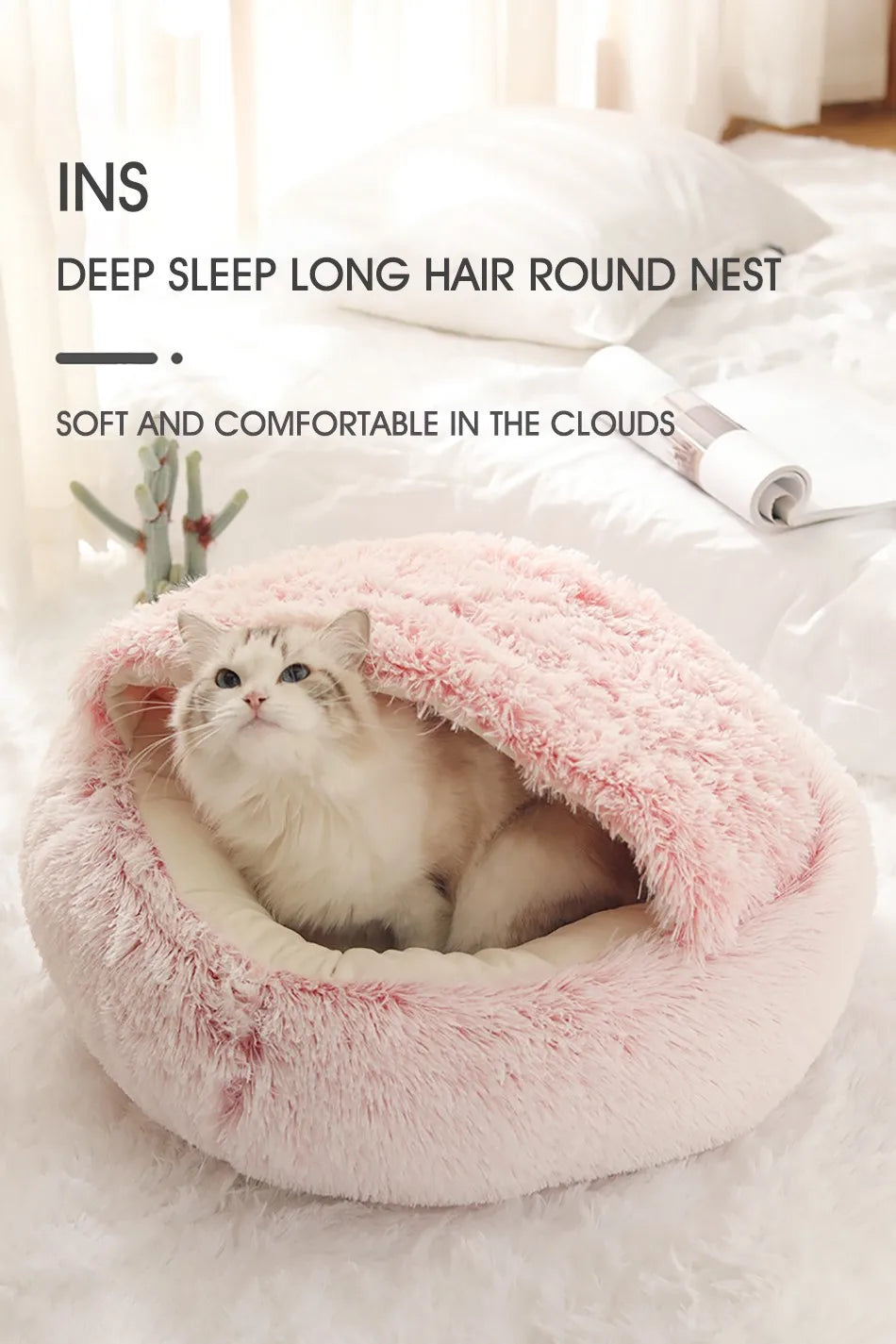 Coussin rond en peluche pour animaux de compagnie, panier chaud, sac de couchage, accent, chenil pour petit chien, maison pour chat, 2 en 1, hiver