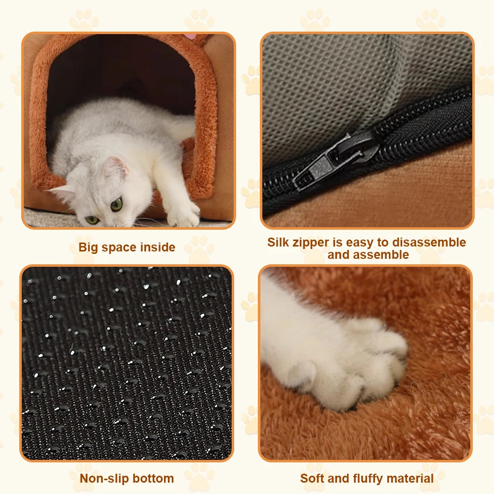 Maison pour chat améliorée, jolie maison pour animaux de compagnie ours brun, design pliable avec coussin amovible, lavable en machine, version renforcée extra large, confortable et chaude, semi-fermée pour chatons, acces