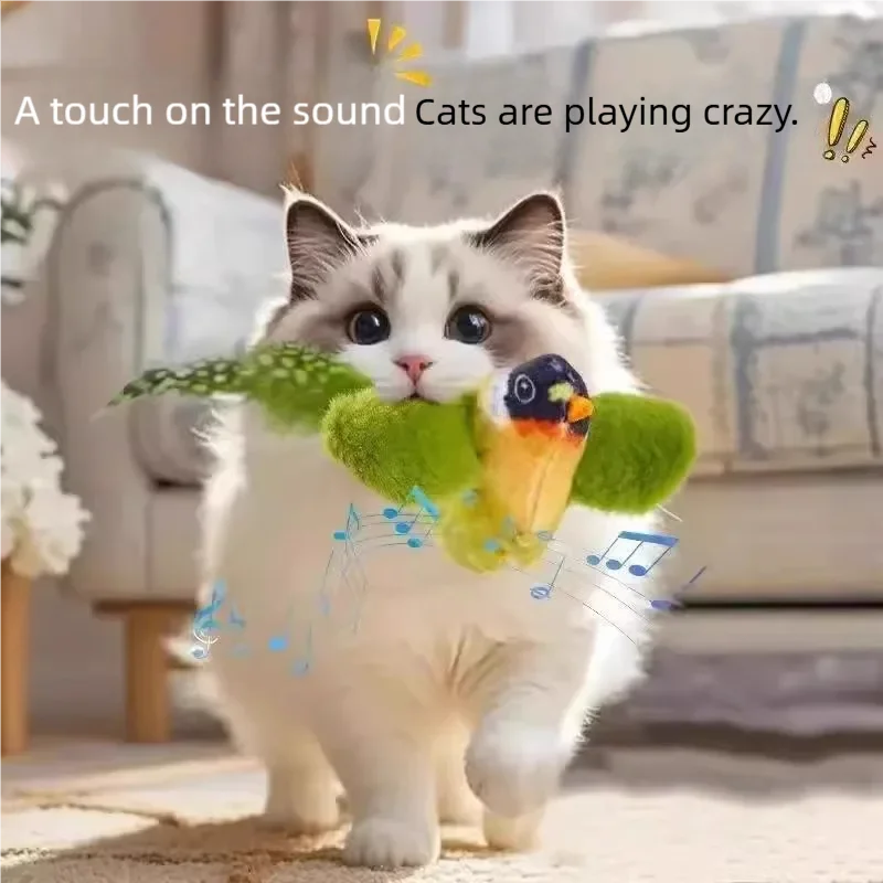 Jouet interactif pour chat, Simulation d'oiseau électrique avec son de charnuage, ailes battantes, jouet de morsure à mâcher en peluche pour chatons, fournitures pour animaux de compagnie