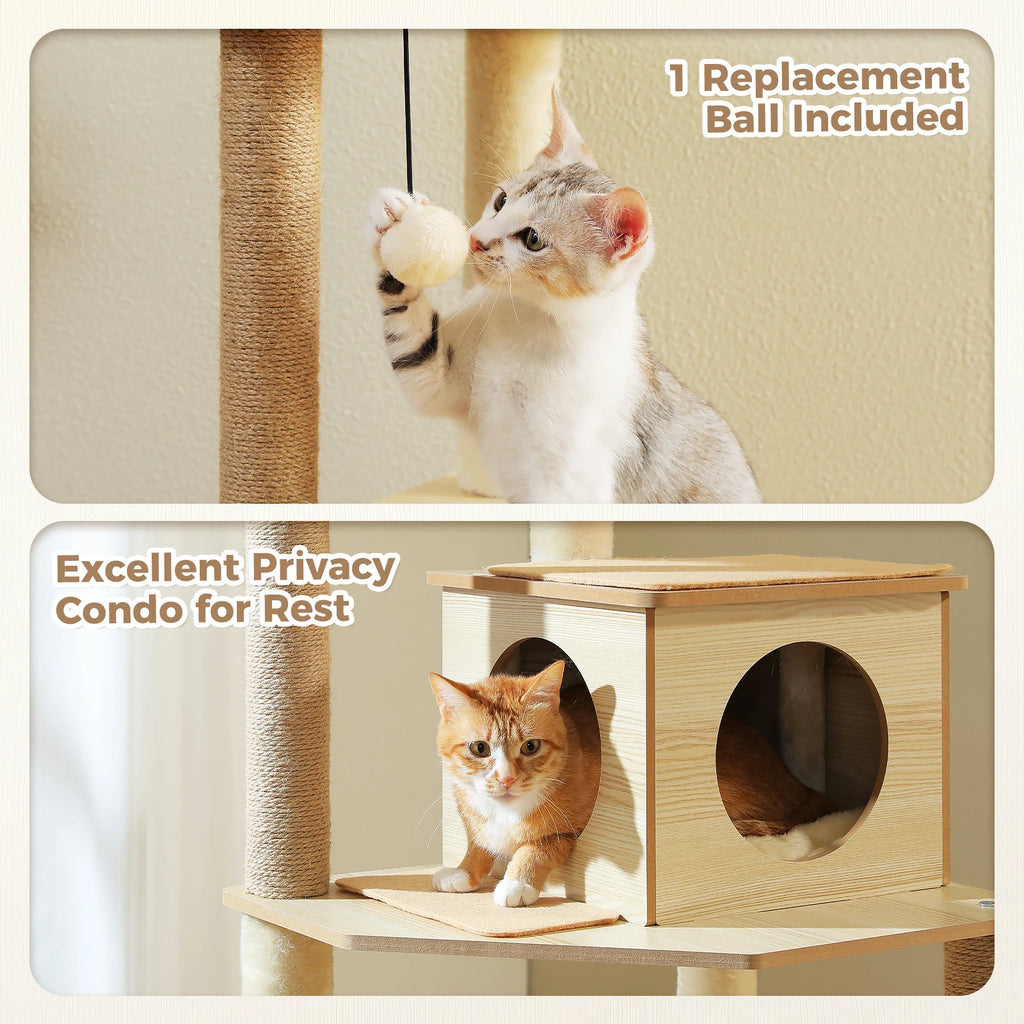 Arbre à chat en bois avec condo spacieux, hamac douillet, poteaux à gratter en sisal, tour à chat multi-niveaux haute pour grand chat d'intérieur