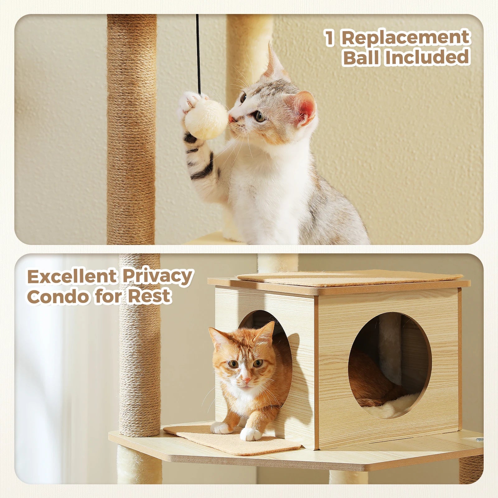 Arbre à chat en bois avec condo spacieux, hamac douillet, poteaux à gratter en sisal, tour à chat multi-niveaux haute pour grand chat d'intérieur