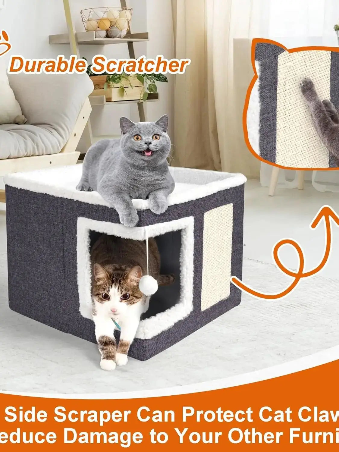 Lits pour chats d'intérieur - Grande tanière pour chat avec boule en peluche suspendue et griffoir, abri pliable pour chat