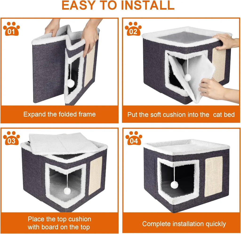 Lits pour chats d'intérieur - Grande tanière pour chat avec boule en peluche suspendue et griffoir, abri pliable pour chat