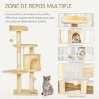 Arbre à chats multi-activités avec griffoirs, plateformes, niche, corde et jouets 40L x 40L x 114H cm beige