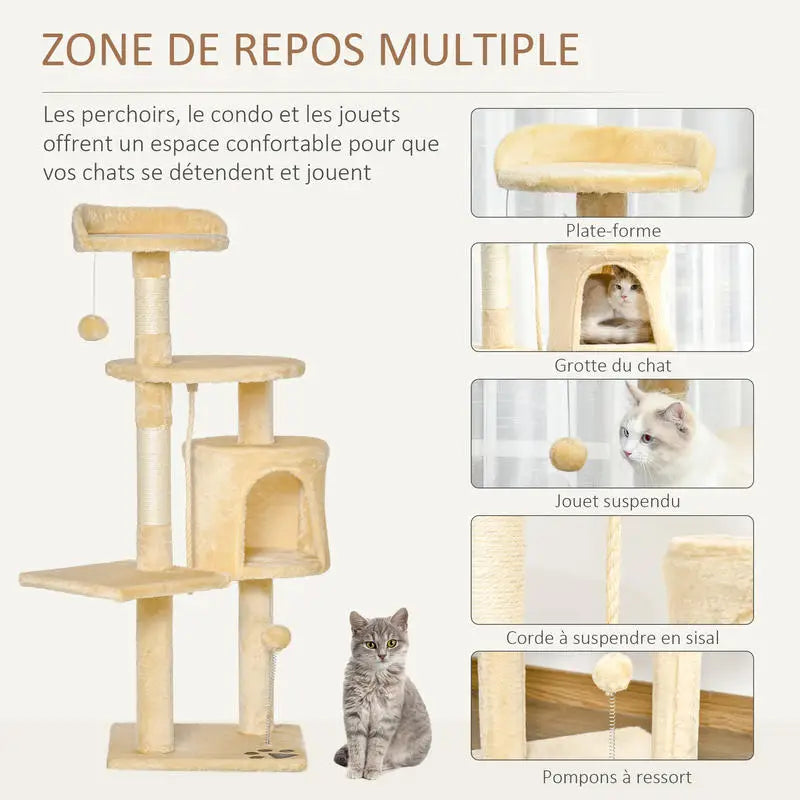 Arbre à chats multi-activités avec griffoirs, plateformes, niche, corde et jouets 40L x 40L x 114H cm beige