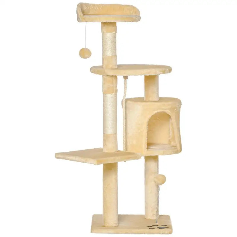 Arbre à chats multi-activités avec griffoirs, plateformes, niche, corde et jouets 40L x 40L x 114H cm beige
