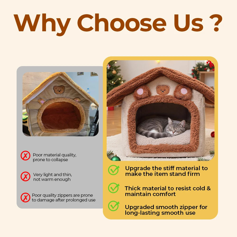 Maison pour chat améliorée, jolie maison pour animaux de compagnie ours brun, design pliable avec coussin amovible, lavable en machine, version renforcée extra large, confortable et chaude, semi-fermée pour chatons, acces