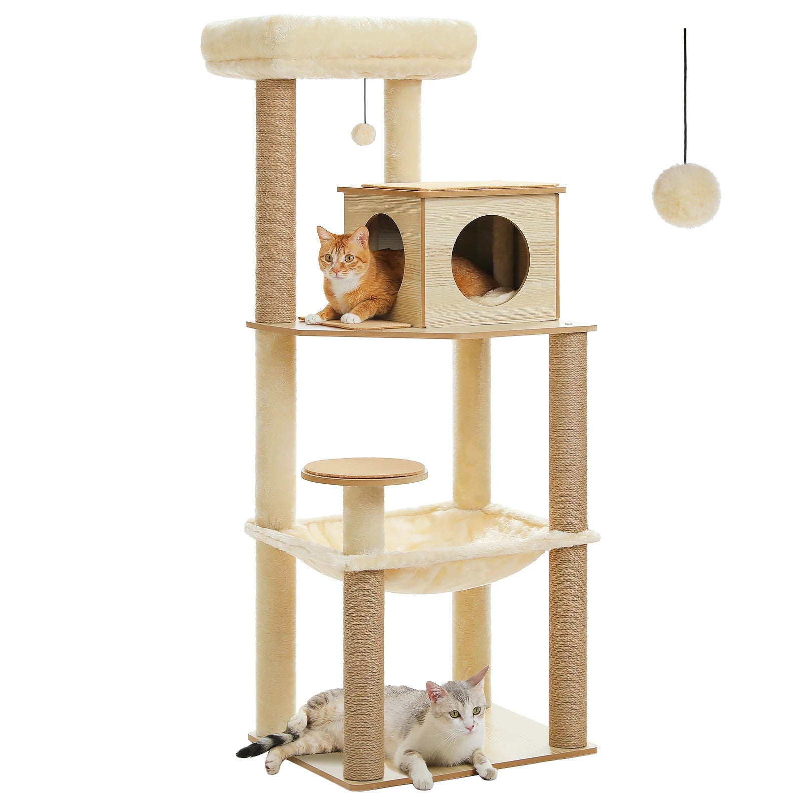 Arbre à chat en bois avec condo spacieux, hamac douillet, poteaux à gratter en sisal, tour à chat multi-niveaux haute pour grand chat d'intérieur