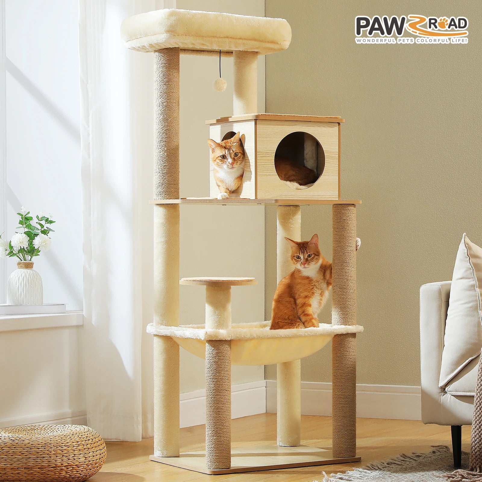 Arbre à chat en bois avec condo spacieux, hamac douillet, poteaux à gratter en sisal, tour à chat multi-niveaux haute pour grand chat d'intérieur