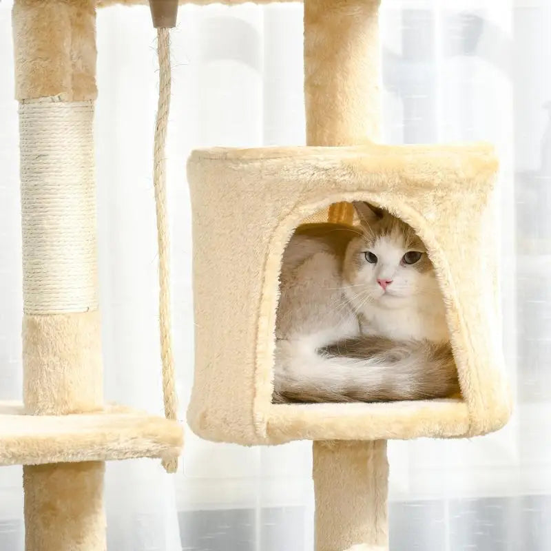 Arbre à chats multi-activités avec griffoirs, plateformes, niche, corde et jouets 40L x 40L x 114H cm beige