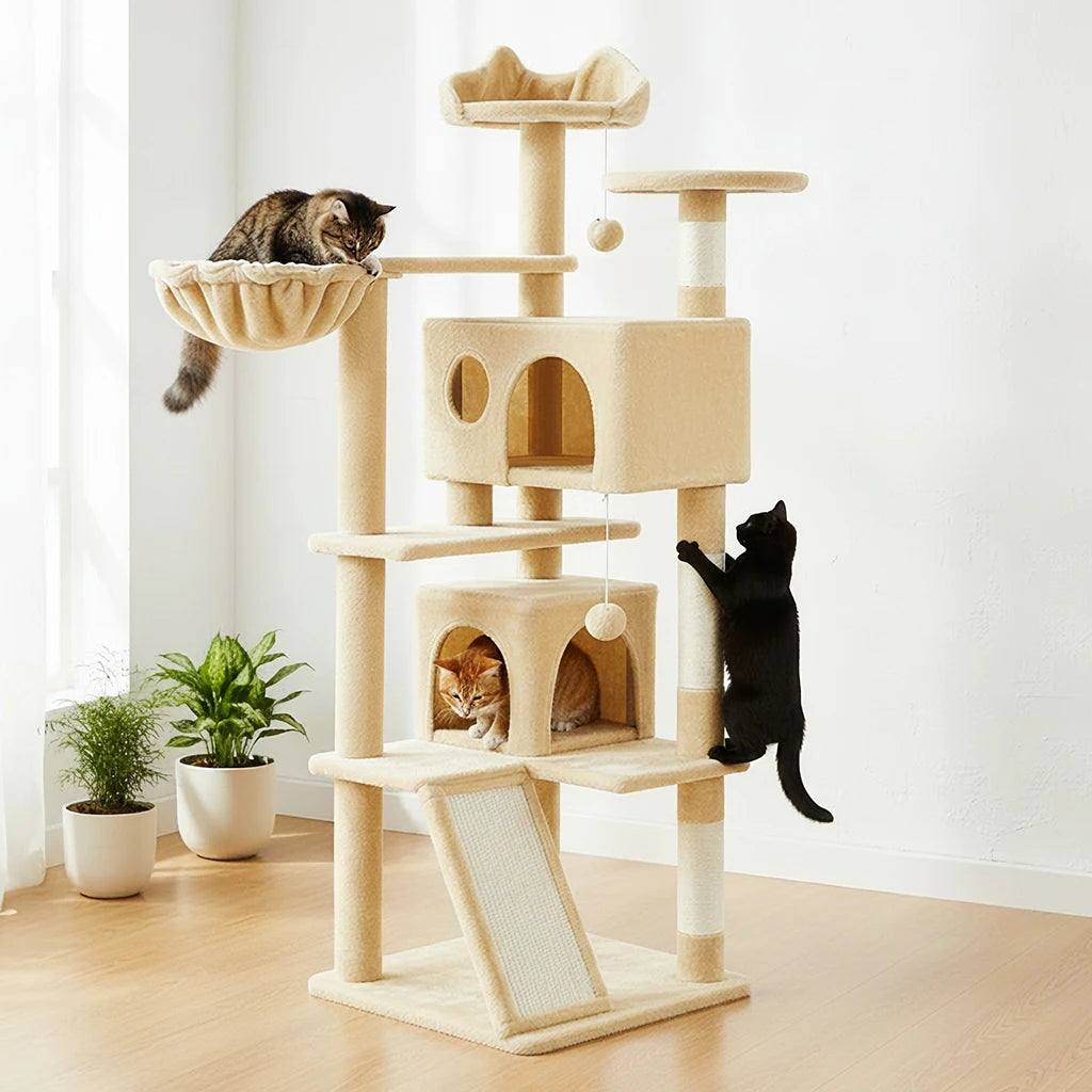 Grande maison pour chats et chatons, tour de jeu pour chats avec 2 poteaux à gratter, grande maison pour chats et chatons