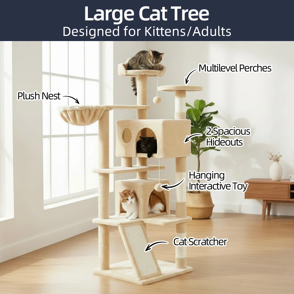 Grande maison pour chats et chatons, tour de jeu pour chats avec 2 poteaux à gratter, grande maison pour chats et chatons