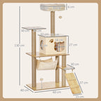 PawHut Arbre à chat hauteur 130 cm, tour de jeux pour chat, platesformes, niche, lit, hamac, échelle et 2 balles en peluche, griffoirs en jute, plusieux niveaux, jaune