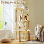 Arbre à chat en bois avec condo spacieux, hamac douillet, poteaux à gratter en sisal, tour à chat multi-niveaux haute pour grand chat d'intérieur