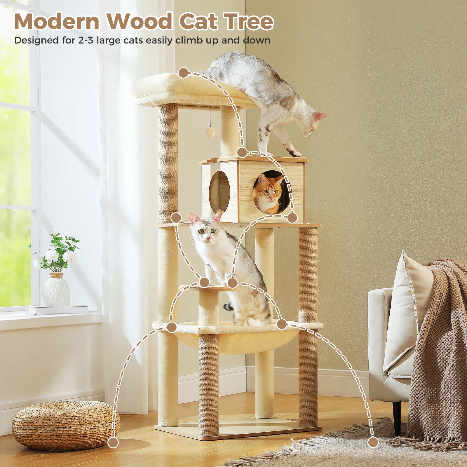 Arbre à chat en bois avec condo spacieux, hamac douillet, poteaux à gratter en sisal, tour à chat multi-niveaux haute pour grand chat d'intérieur