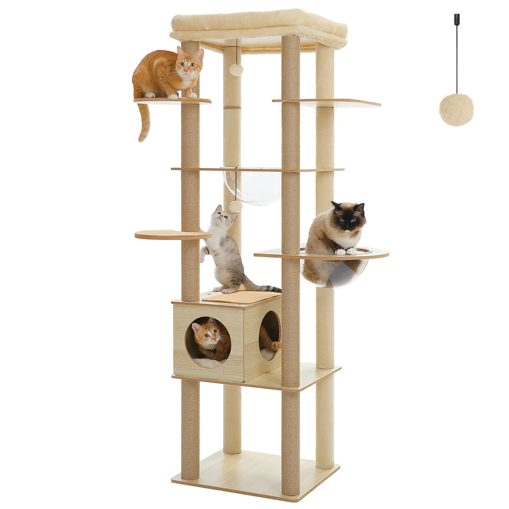 Arbre à chat en bois avec condo spacieux, hamac douillet, poteaux à gratter en sisal, tour à chat multi-niveaux haute pour grand chat d'intérieur