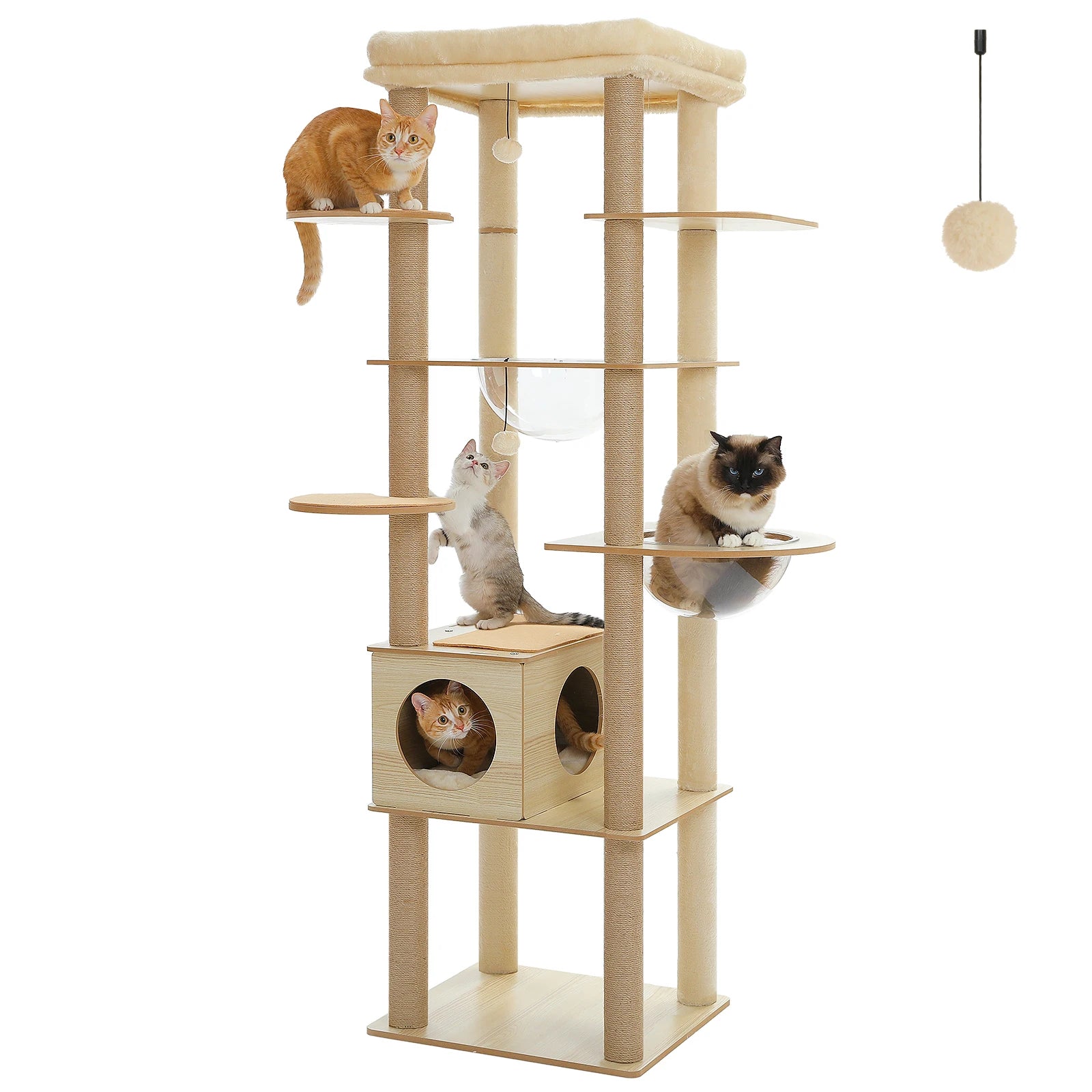 Arbre à chat en bois avec condo spacieux, hamac douillet, poteaux à gratter en sisal, tour à chat multi-niveaux haute pour grand chat d'intérieur