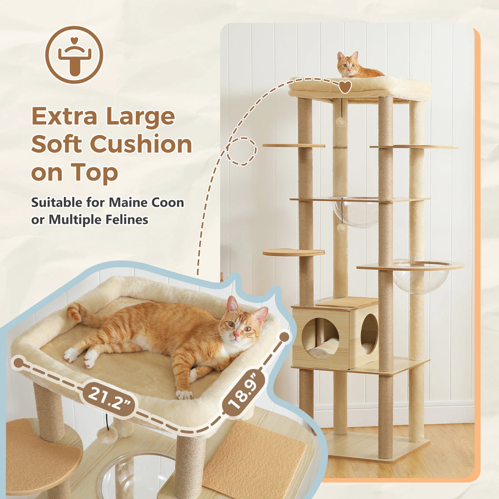 Arbre à chat en bois avec condo spacieux, hamac douillet, poteaux à gratter en sisal, tour à chat multi-niveaux haute pour grand chat d'intérieur