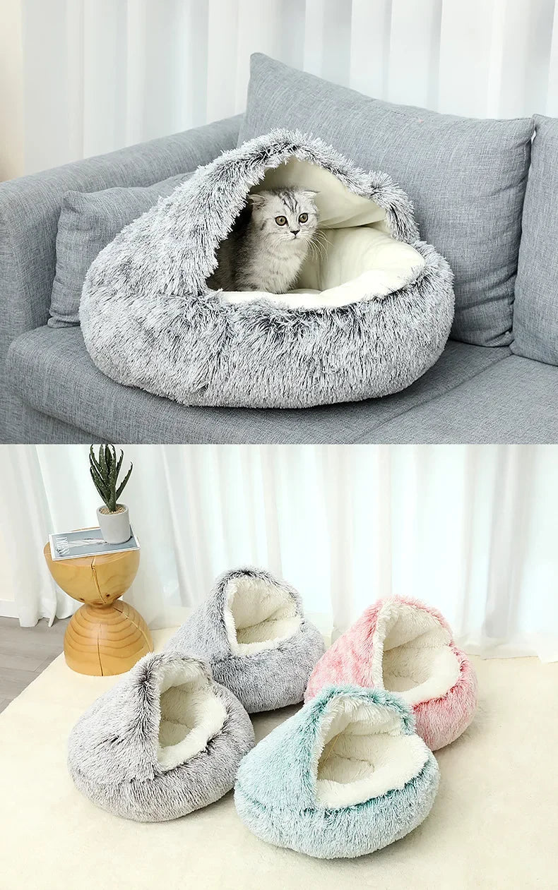Lit d'hiver en peluche pour chat, coussin rond pour chat, maison pour chat 2 en 1, panier chaud pour chats, sac de couchage pour animaux de compagnie, nid pour chaton, chenil pour petits chiens et chats