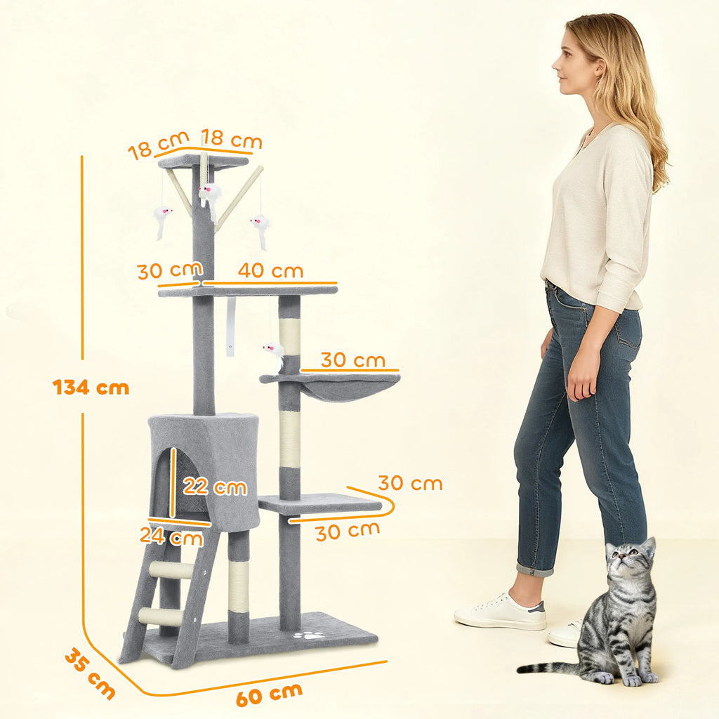 Pawhut Arbre à gratter pour chat, hauteur 134 cm, avec 6 poteaux, 3 plates-formes, échelle hamac grotte, 4 jouets suspendus