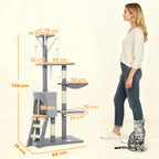 Pawhut Arbre à gratter pour chat, hauteur 134 cm, avec 6 poteaux, 3 plates-formes, échelle hamac grotte, 4 jouets suspendus