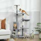 Pawhut Arbre à gratter pour chat, hauteur 134 cm, avec 6 poteaux, 3 plates-formes, échelle hamac grotte, 4 jouets suspendus