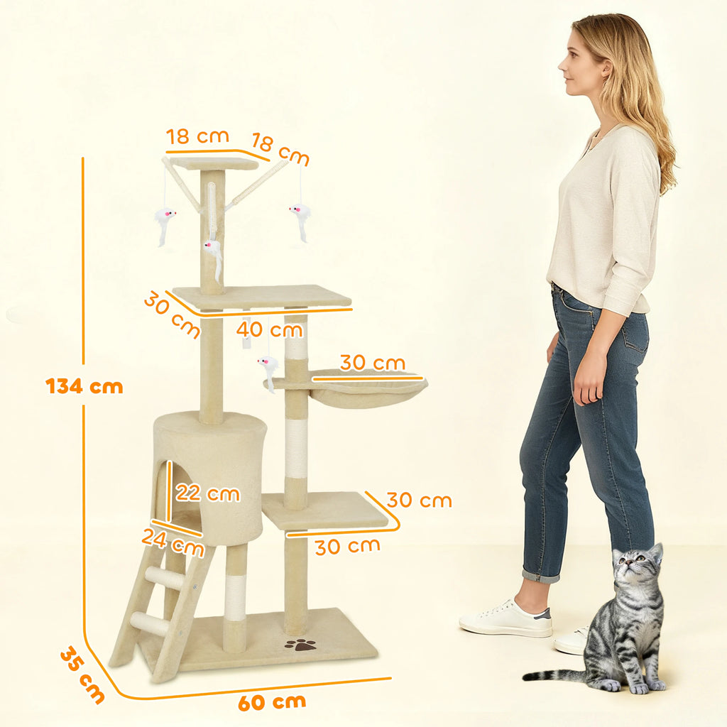 Pawhut Arbre à gratter pour chat, hauteur 134 cm, avec 6 poteaux, 3 plates-formes, échelle hamac grotte, 4 jouets suspendus