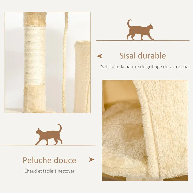 Arbre à chats multi-activités avec griffoirs, plateformes, niche, corde et jouets 40L x 40L x 114H cm beige