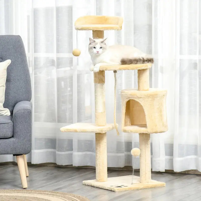 Arbre à chats multi-activités avec griffoirs, plateformes, niche, corde et jouets 40L x 40L x 114H cm beige