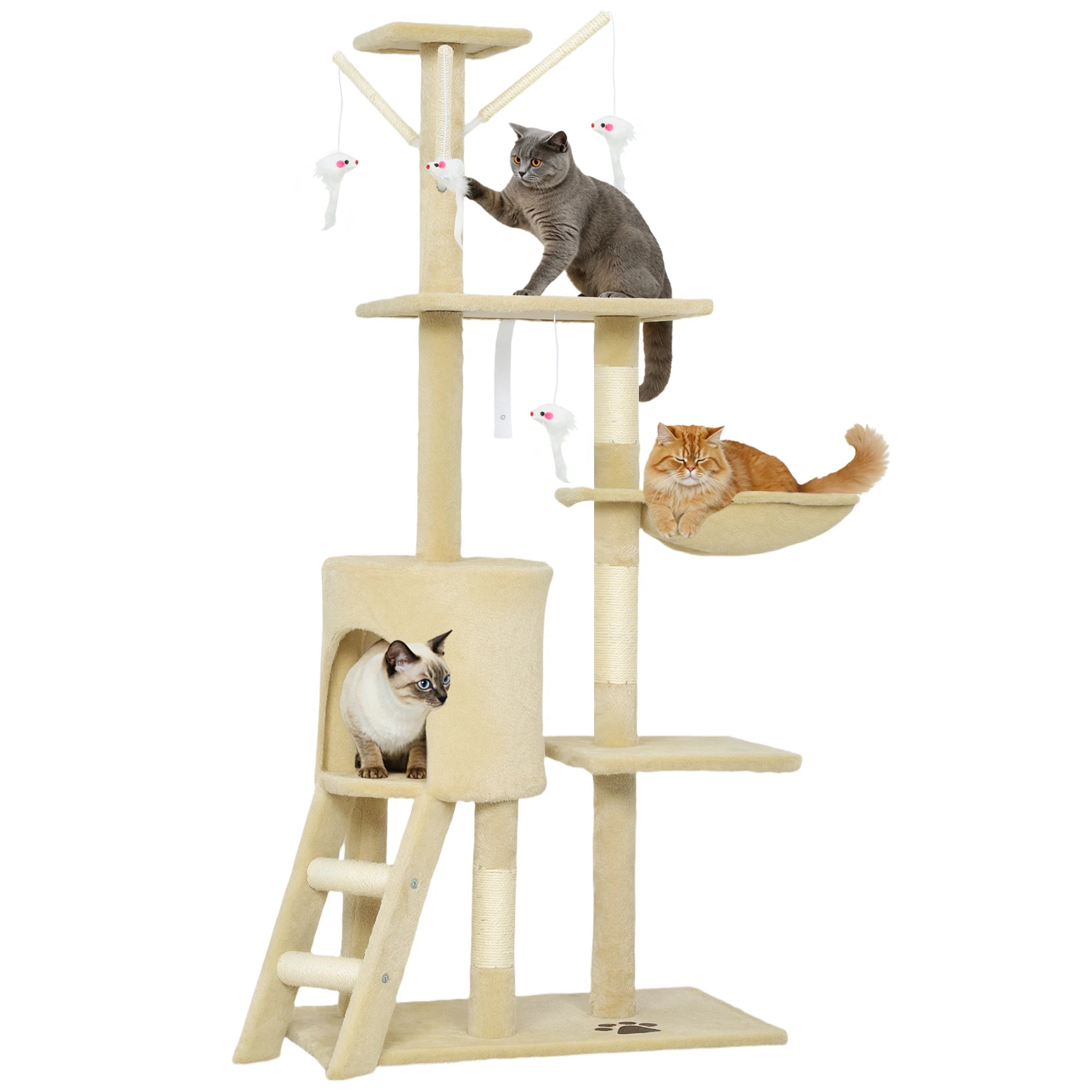 Pawhut Arbre à gratter pour chat, hauteur 134 cm, avec 6 poteaux, 3 plates-formes, échelle hamac grotte, 4 jouets suspendus