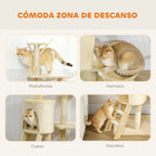 Pawhut Arbre à gratter pour chat, hauteur 134 cm, avec 6 poteaux, 3 plates-formes, échelle hamac grotte, 4 jouets suspendus