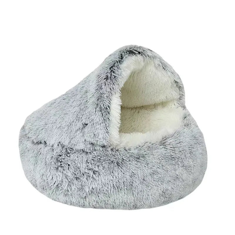 Coussin rond en peluche pour animaux de compagnie, panier chaud, sac de couchage, accent, chenil pour petit chien, maison pour chat, 2 en 1, hiver