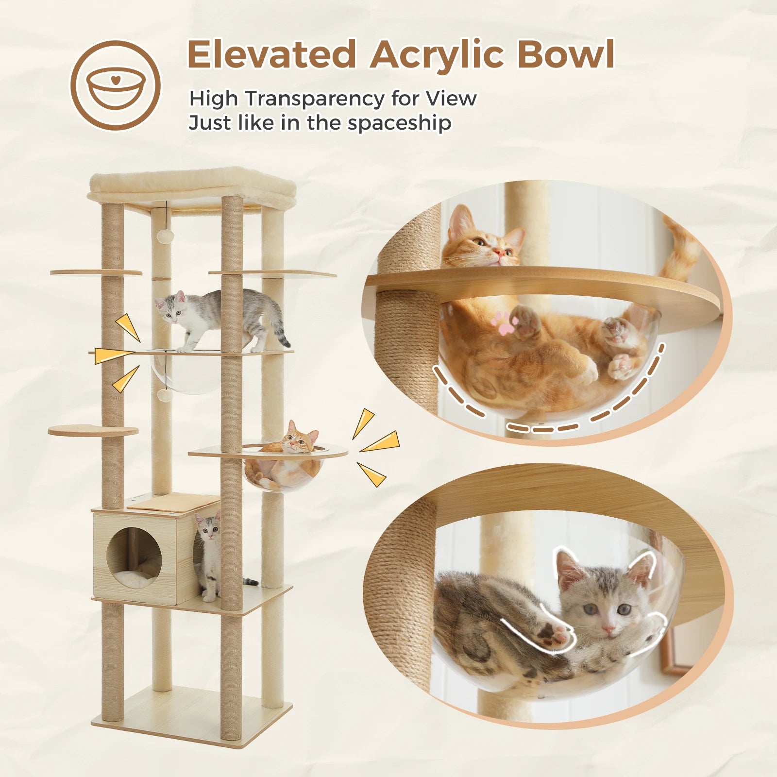 Arbre à chat en bois avec condo spacieux, hamac douillet, poteaux à gratter en sisal, tour à chat multi-niveaux haute pour grand chat d'intérieur