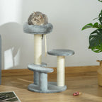 PawHut Arbre à chats 2 griffoirs grattoirs sisal naturel 3 plateformes corde à grimper dim. Ø 40 x 65H cm peluche haute densité 500 g/m² gris