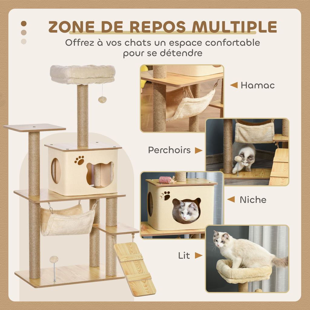 PawHut Arbre à chat hauteur 130 cm, tour de jeux pour chat, platesformes, niche, lit, hamac, échelle et 2 balles en peluche, griffoirs en jute, plusieux niveaux, jaune