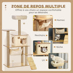 PawHut Arbre à chat hauteur 130 cm, tour de jeux pour chat, platesformes, niche, lit, hamac, échelle et 2 balles en peluche, griffoirs en jute, plusieux niveaux, jaune