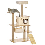 PawHut Arbre à chat hauteur 130 cm, tour de jeux pour chat, platesformes, niche, lit, hamac, échelle et 2 balles en peluche, griffoirs en jute, plusieux niveaux, jaune