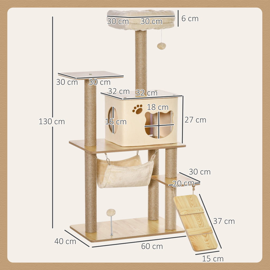 PawHut Arbre à chat hauteur 130 cm, tour de jeux pour chat, platesformes, niche, lit, hamac, échelle et 2 balles en peluche, griffoirs en jute, plusieux niveaux, jaune