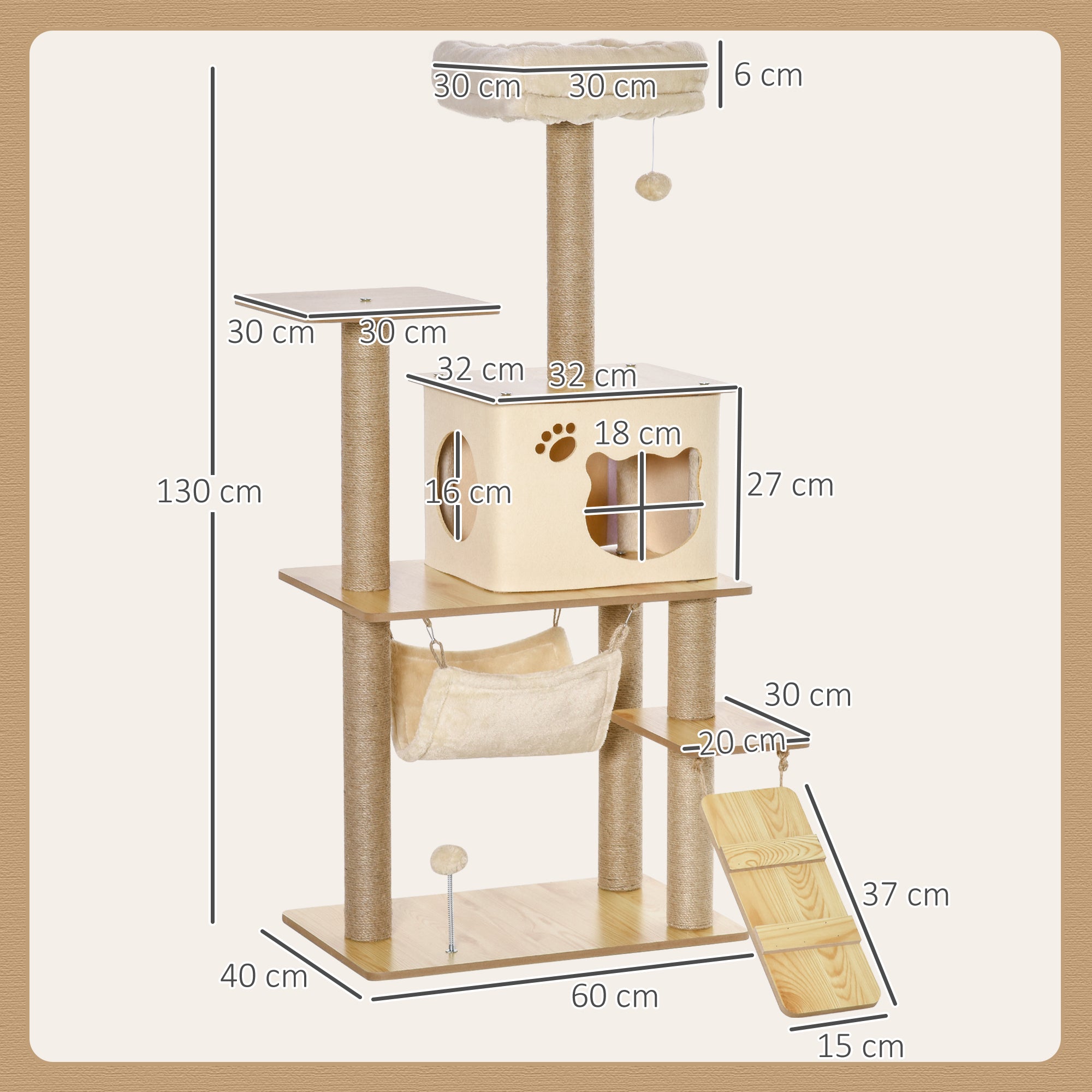 PawHut Arbre à chat hauteur 130 cm, tour de jeux pour chat, platesformes, niche, lit, hamac, échelle et 2 balles en peluche, griffoirs en jute, plusieux niveaux, jaune
