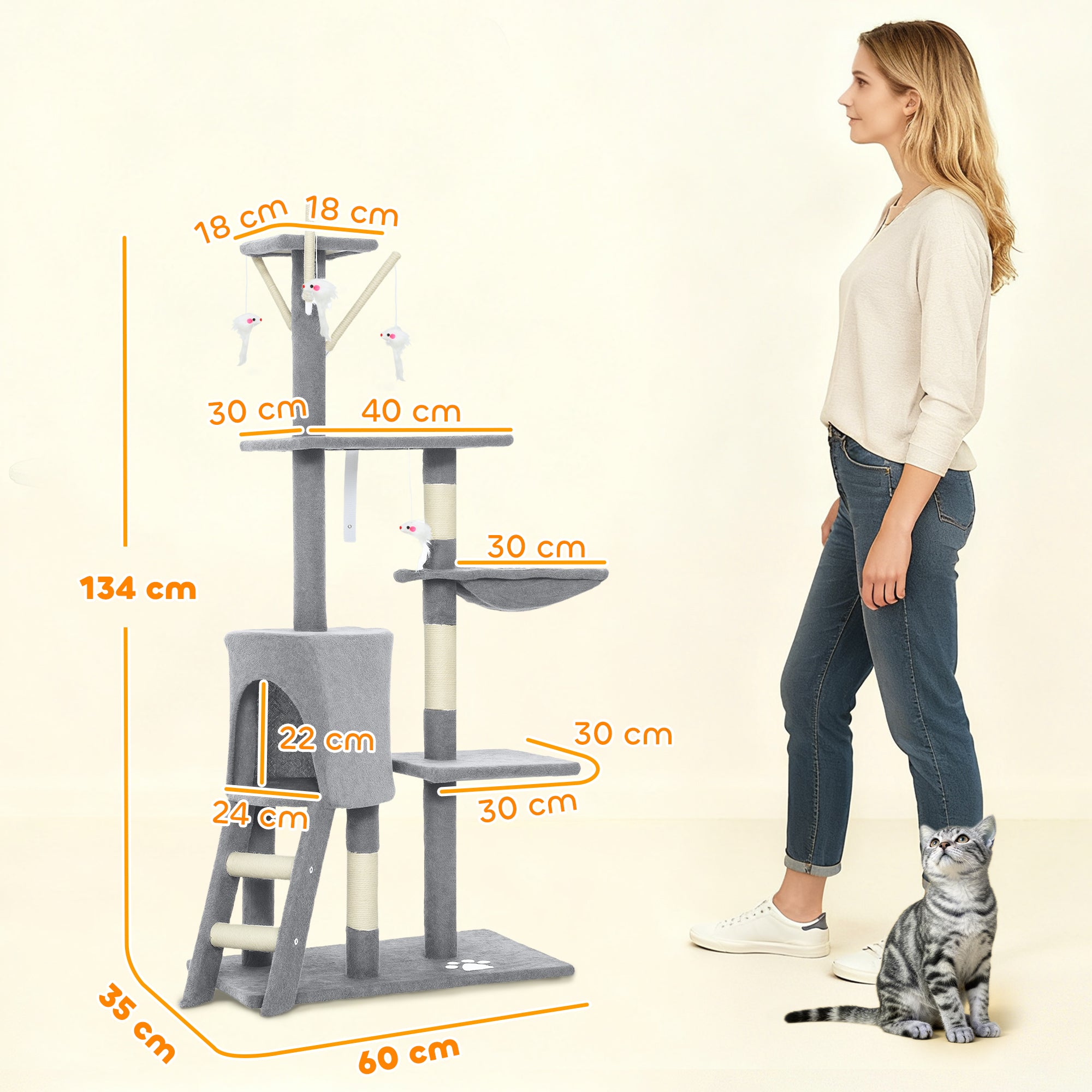 Pawhut Arbre à gratter pour chat, hauteur 134 cm, avec 6 poteaux, 3 plates-formes, échelle hamac grotte, 4 jouets suspendus